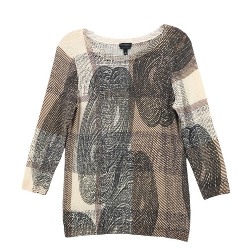 TALBOTS 100% Merino Wool Knit Top 3/4 Sleeve Beige Paisley Multi Pattern SMALL