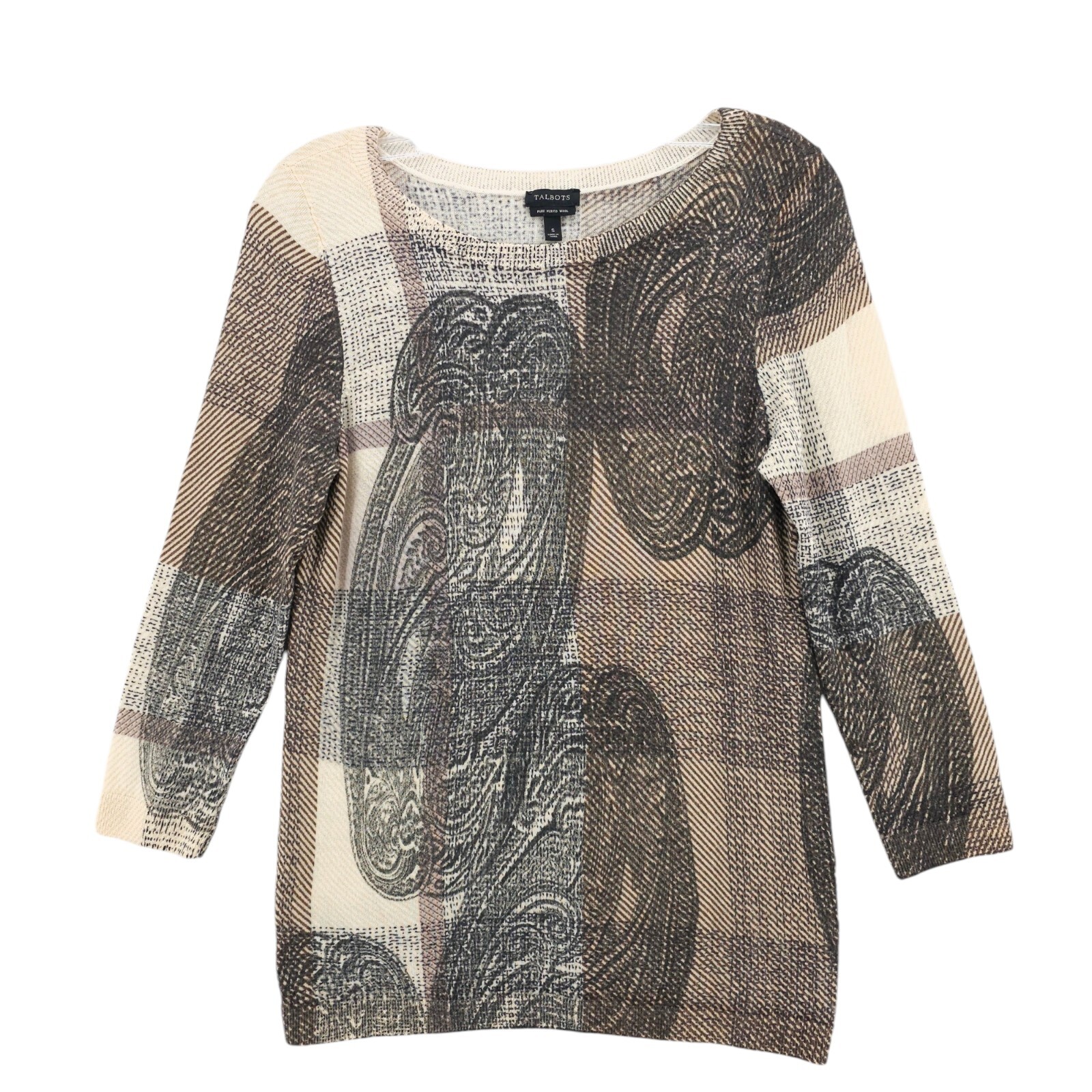 TALBOTS 100% Merino Wool Knit Top 3/4 Sleeve Beige Paisley Multi Pattern SMALL
