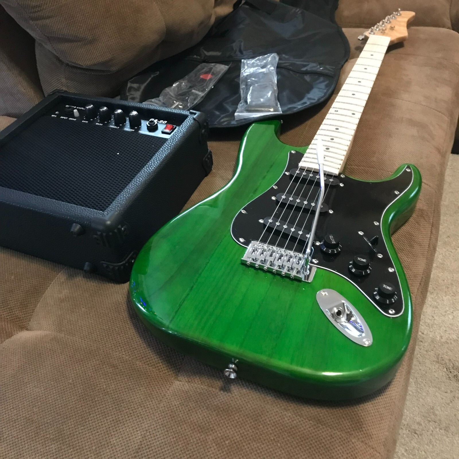 Full-Size Green Electric Guitar Starter Package with 20-Watt Amp and Accessories