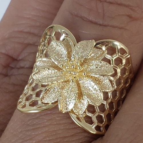 Pre-owned Handmade Big Real 14k Yellow Rose Gold Flower Ring Size 6 7 8 9 In No Stone