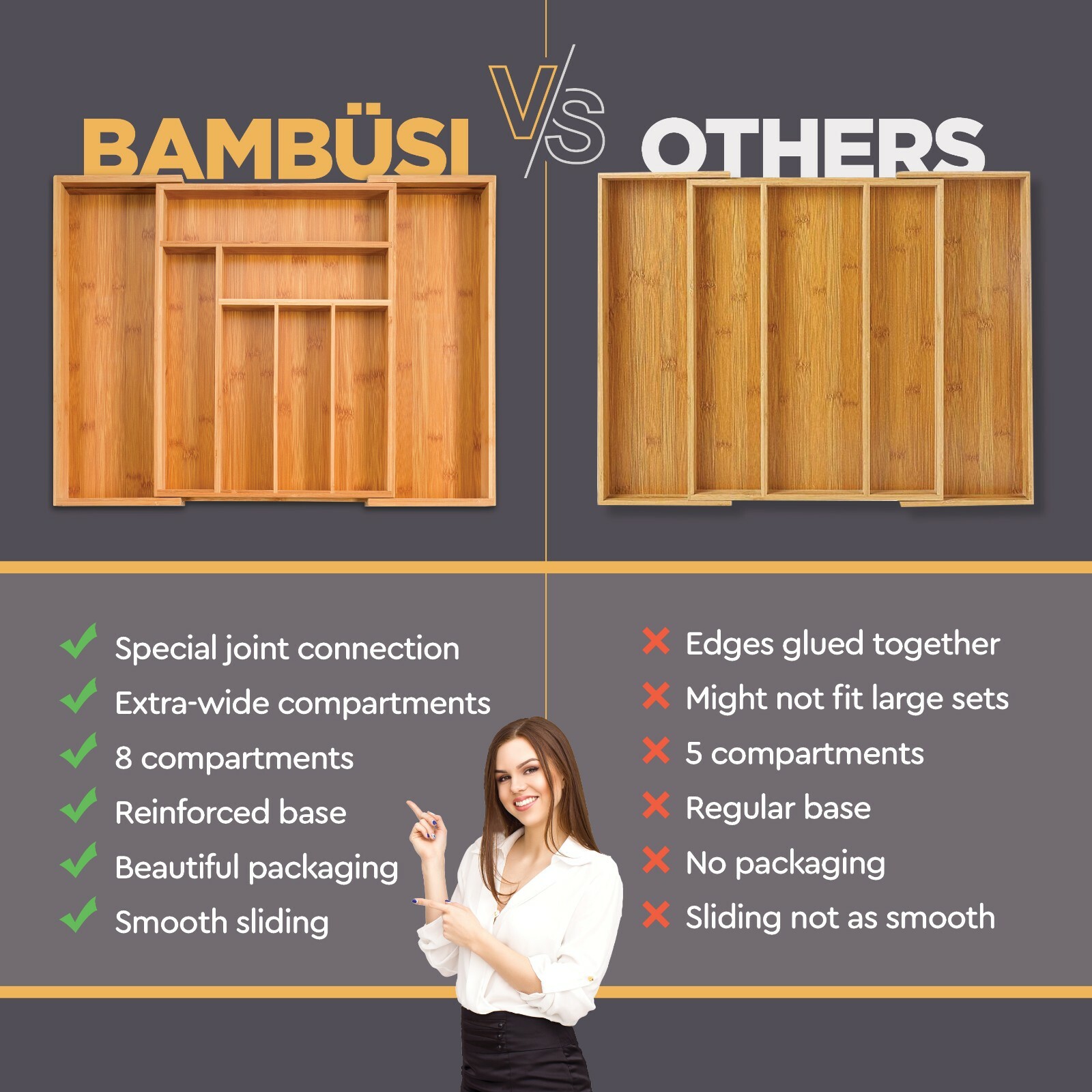 Bamboo Cutlery Silverware Flatware Utensil Tray Drawer Kitchen Organizer Storage