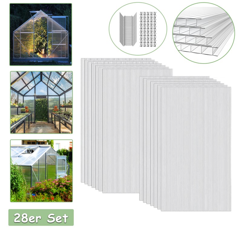 28pcs Doppelstegplatten 4mm für Gewächshäuser Polycarbonat Treibhaus mit Zubehör