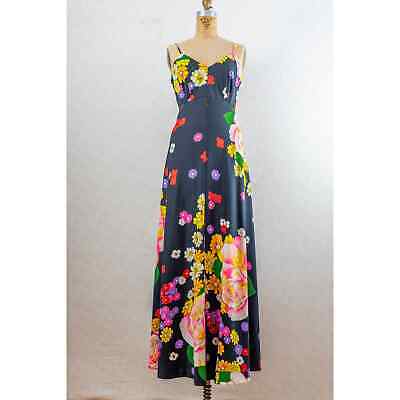 Vintage 70s Black Bright Colorful Floral Groovy Maxi Sundress, Dayglo Dress, M