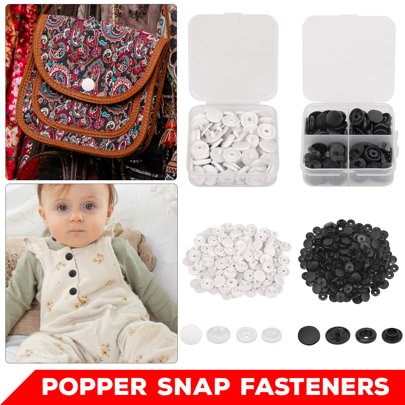 Plastic Press Stud Snap Fasteners Buttons with Storage Box 12mm for Baby Clothes