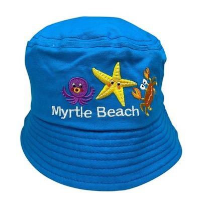 Kids Myrtle Beach Blue Bucket Hat Crab Octopus Starfish Embroidery Size 54CM