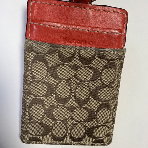 Coach ID Credit Card Neck Laynard Signature C Beige Khaki Red