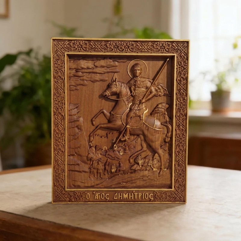 Saint Demetrius of Thessaloniki Wooden Carved Handmade Byzantine Christian Icon