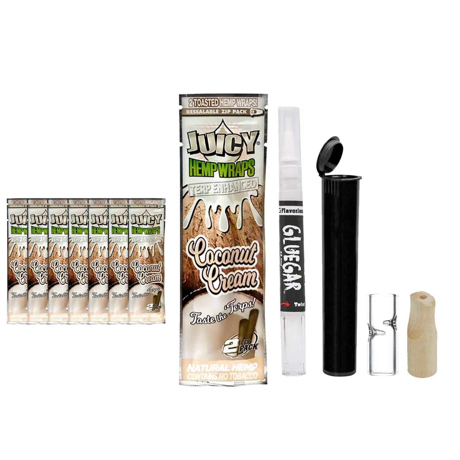 Juicy Hemp Wraps- 8 Pack- Coconut Cream- GlueGar OG 3ml, Glass & Wood Tips