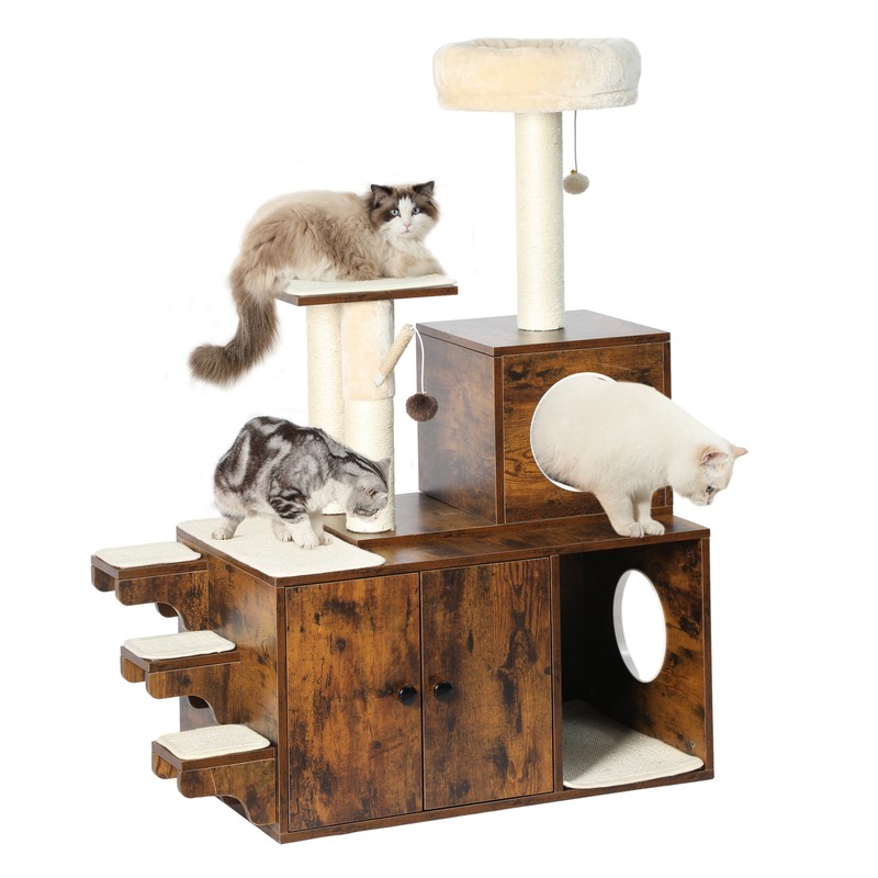 2-in-1 Modern Litter Box Enclosure Cat Tree for 3-4 Cats Indoor Wooden Cat House