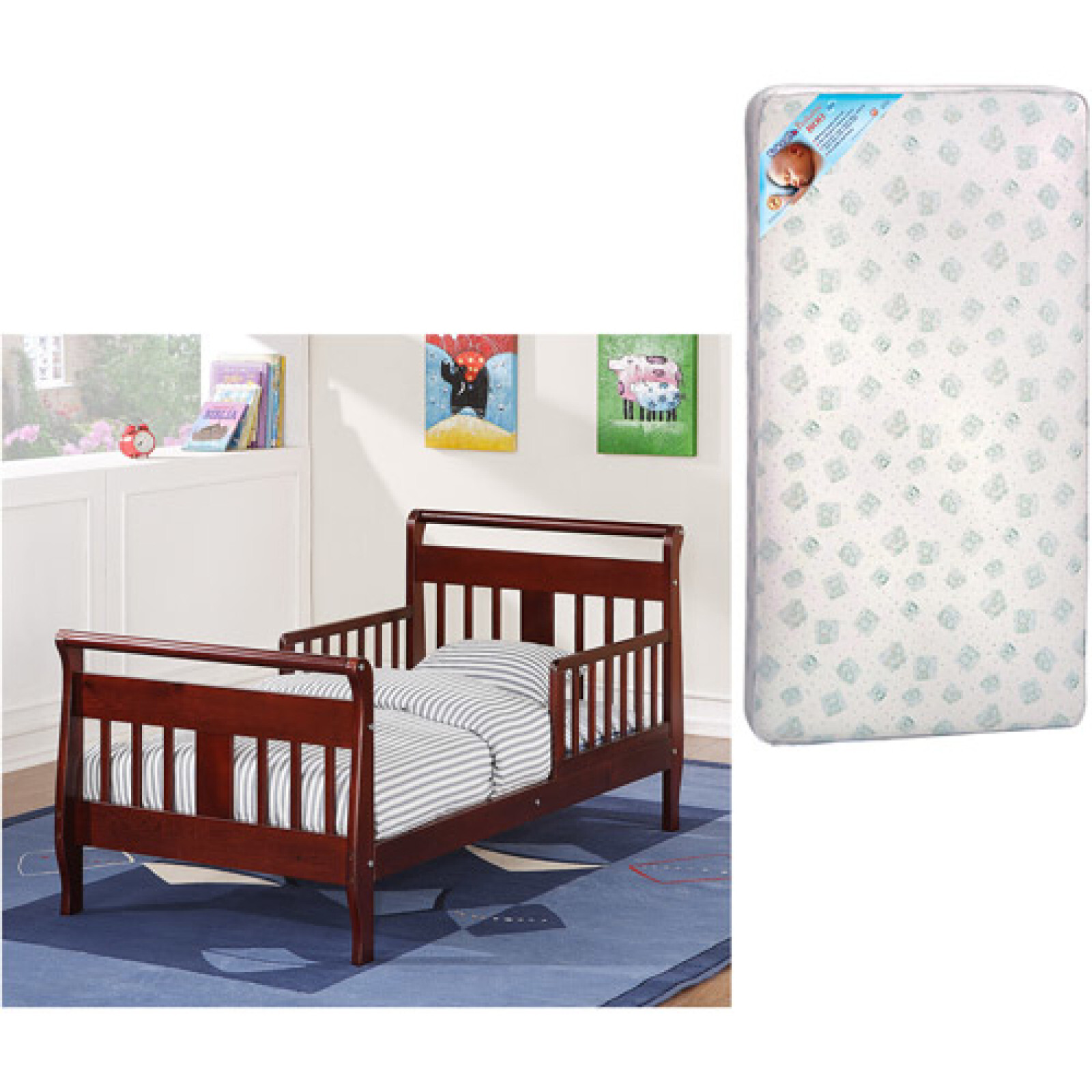 Toddler Bed Baby Furniture Mattress Value Bundle Sleigh Style Wood Kids Espresso