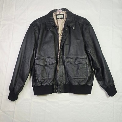 Scandia Woods Men's Bomber Leather Jacket XL Black Map Print Lining Vintage A19