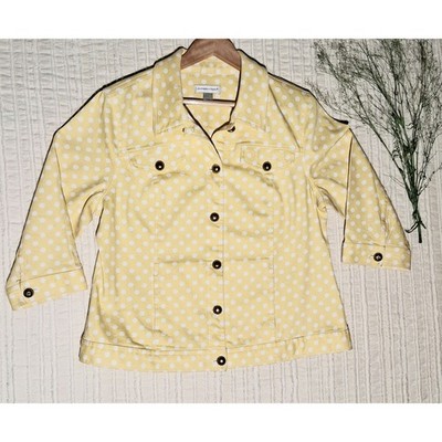 Christopher & Banks Denim Jacket Women L Yellow Polka Dot Work Picnic Garden