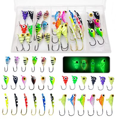 30PCS Ice Fishing Lures Kit Glowing Paint Jigs Winter Tackle Box Included