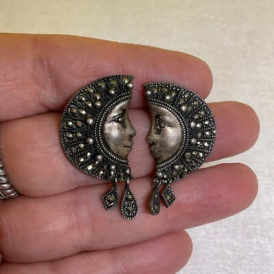 Vintage Thailand HALF MOON FACE EARRINGS Sterling Silver MARCASITE