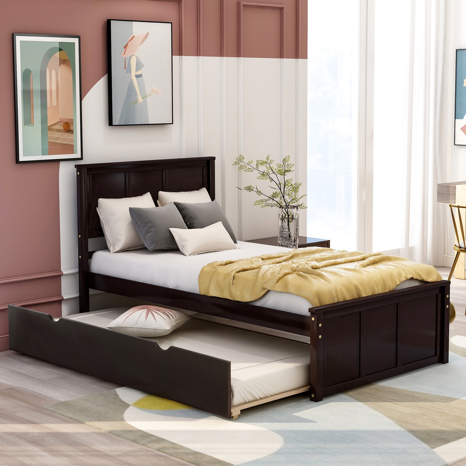 Twin Size Trundle Platform , Espresso Bed Frame