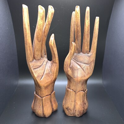 Vintage Pair Female Hands Carved Wood MCM Indonesia Decor Display