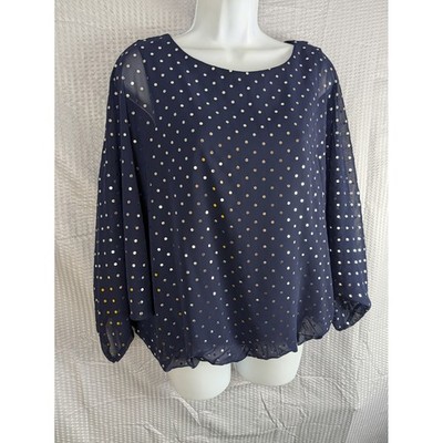 S. Levine Women Small Navy Silver Polka Dot Sheer Sleeve Blouse Top NWT 37277T