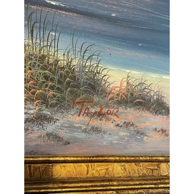VTG Large Oil Painting Original Artist Signed Taylor Ocean Girl on Beach Scene