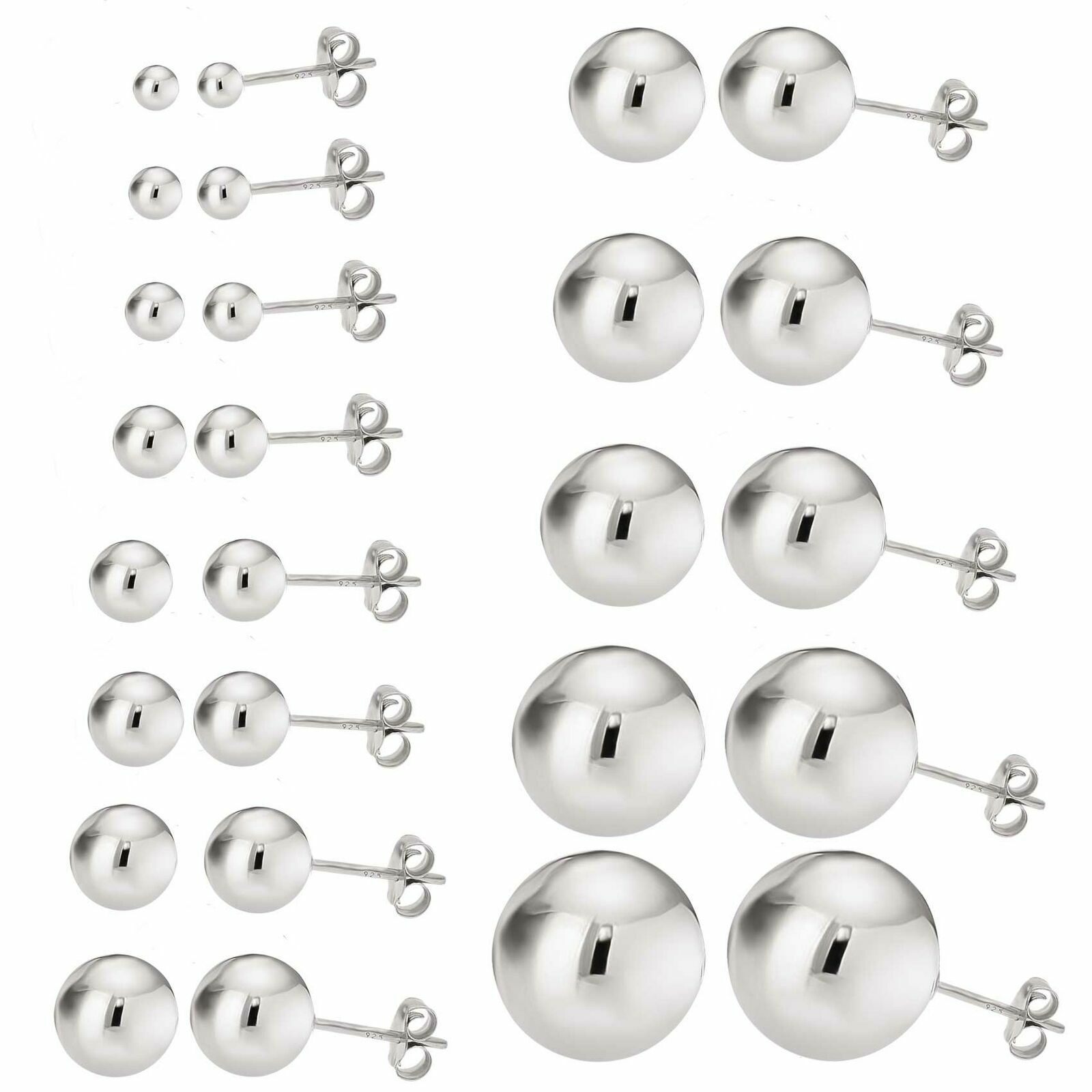 S925 Sterling Silver Round Ball Stud Earrings High Polished Butterfly Post Backs