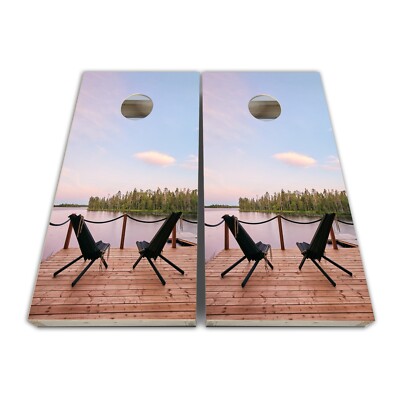 Couples dockside with two chairs Cornhole Board Wrap Laminated Vinyl Wrap Set