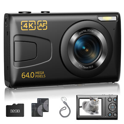 4 K& 64MP Digital Camera Auto Focus 18X Zoom DV, Compact Small Camcorder 32GB