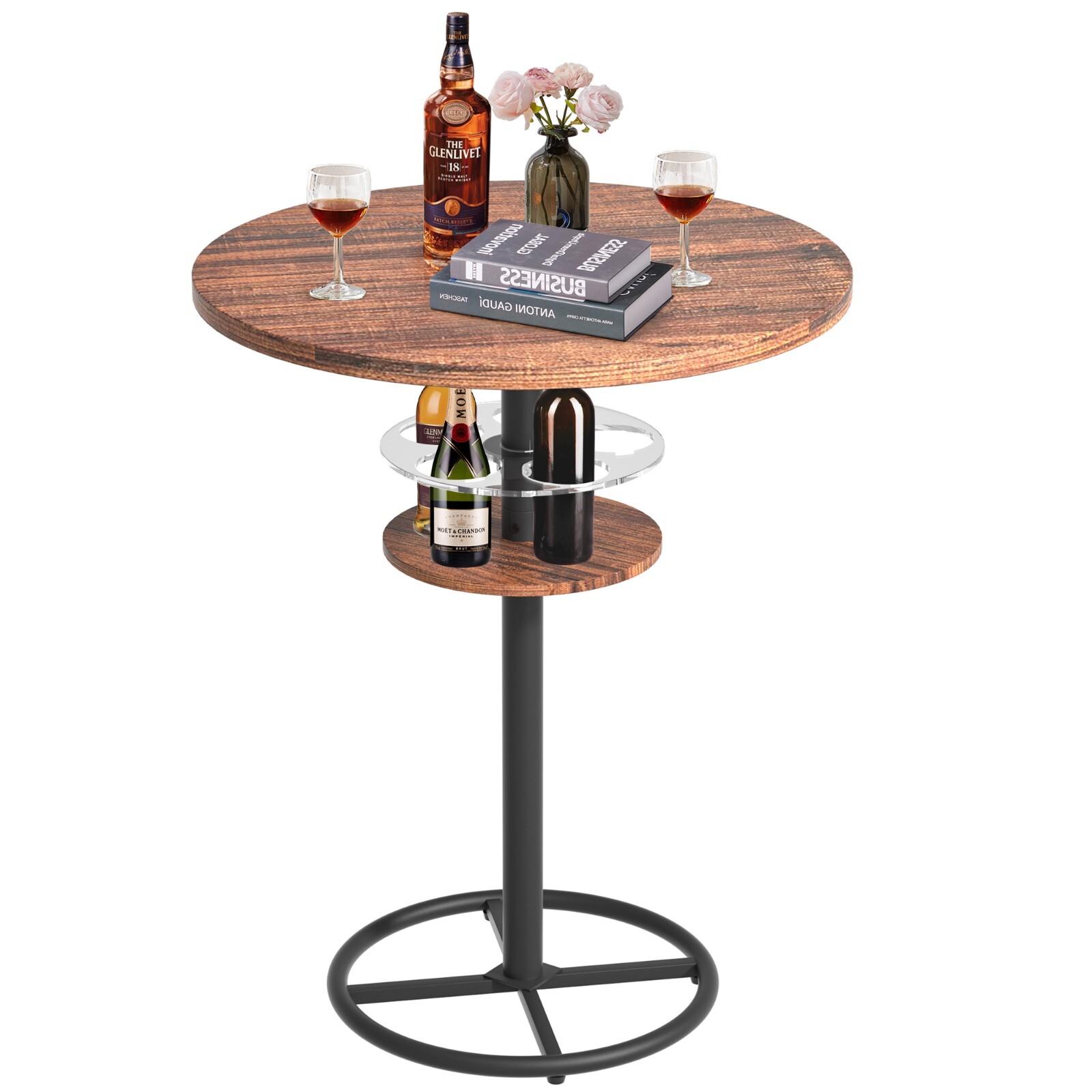 Round Bar Table Counter Height Dining Kitchen Pub Table with Wine Bottle Rack