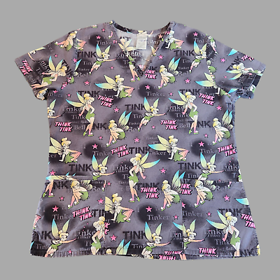 Disney Tinkerbell Gray Scrub Top V Neck Front Pockets Womens Size
