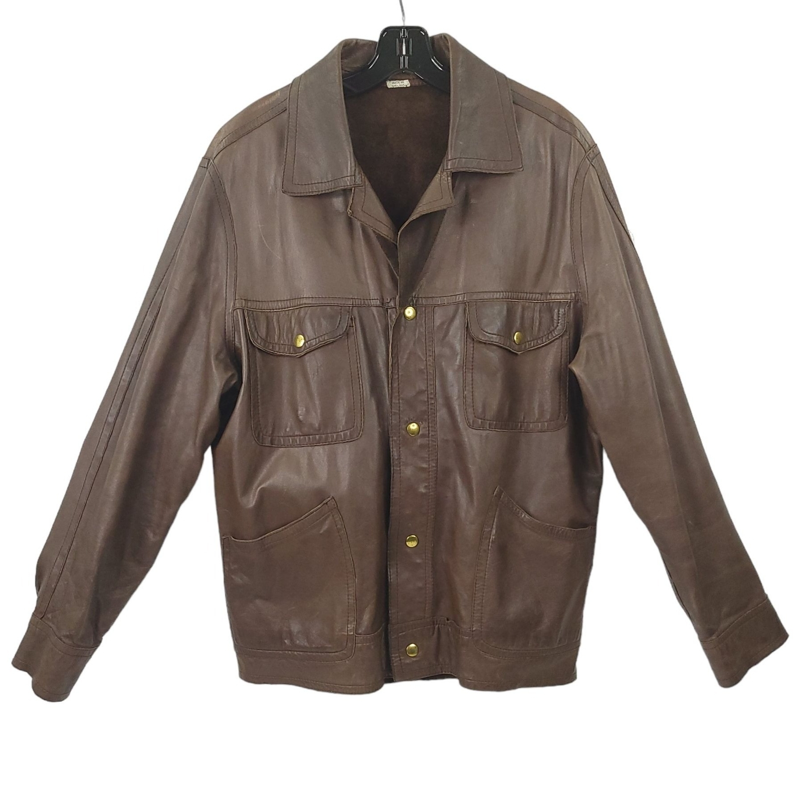 Vintage Brown Leather Snap Front Jacket Men L Made in