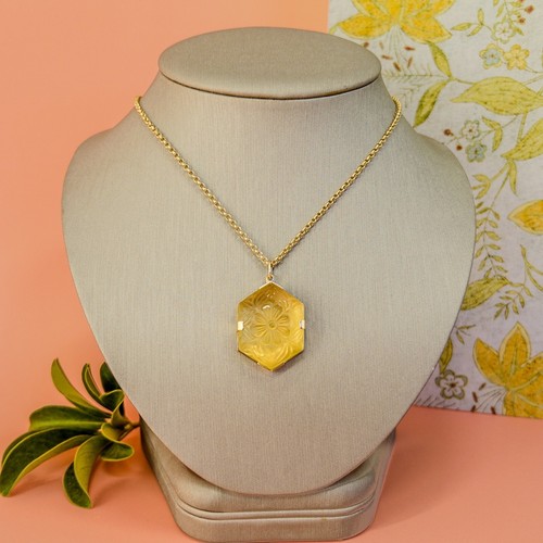 14k Yellow Gold Unique Hexagon Yellow Citrine Flower Carved Statement Pendant, N - Picture 2 of 12