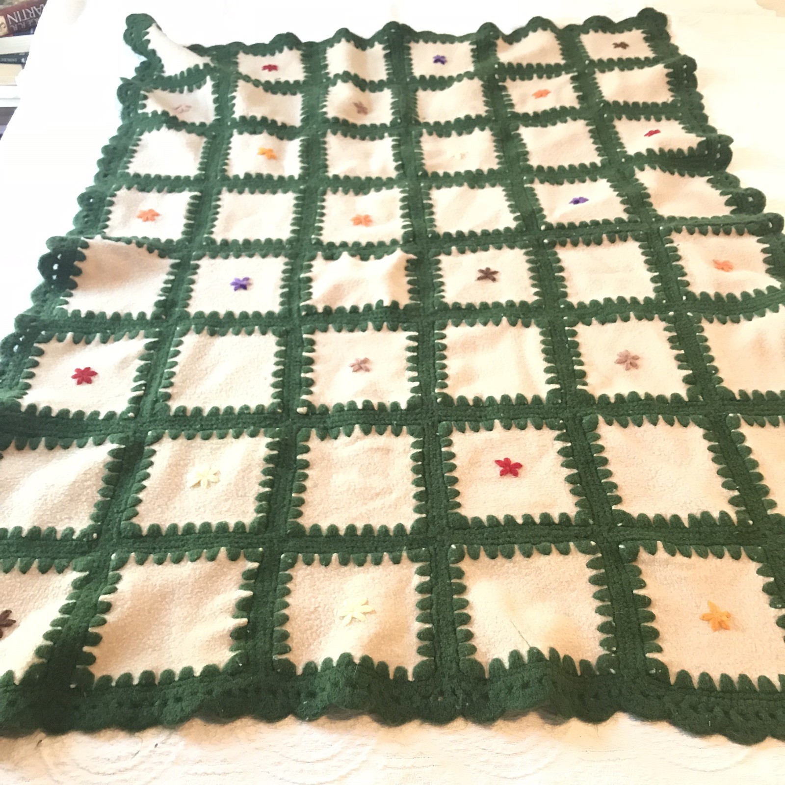Vintage Hand Crocheted Patchwork Afghan Blanket Throw Wool Cream Green