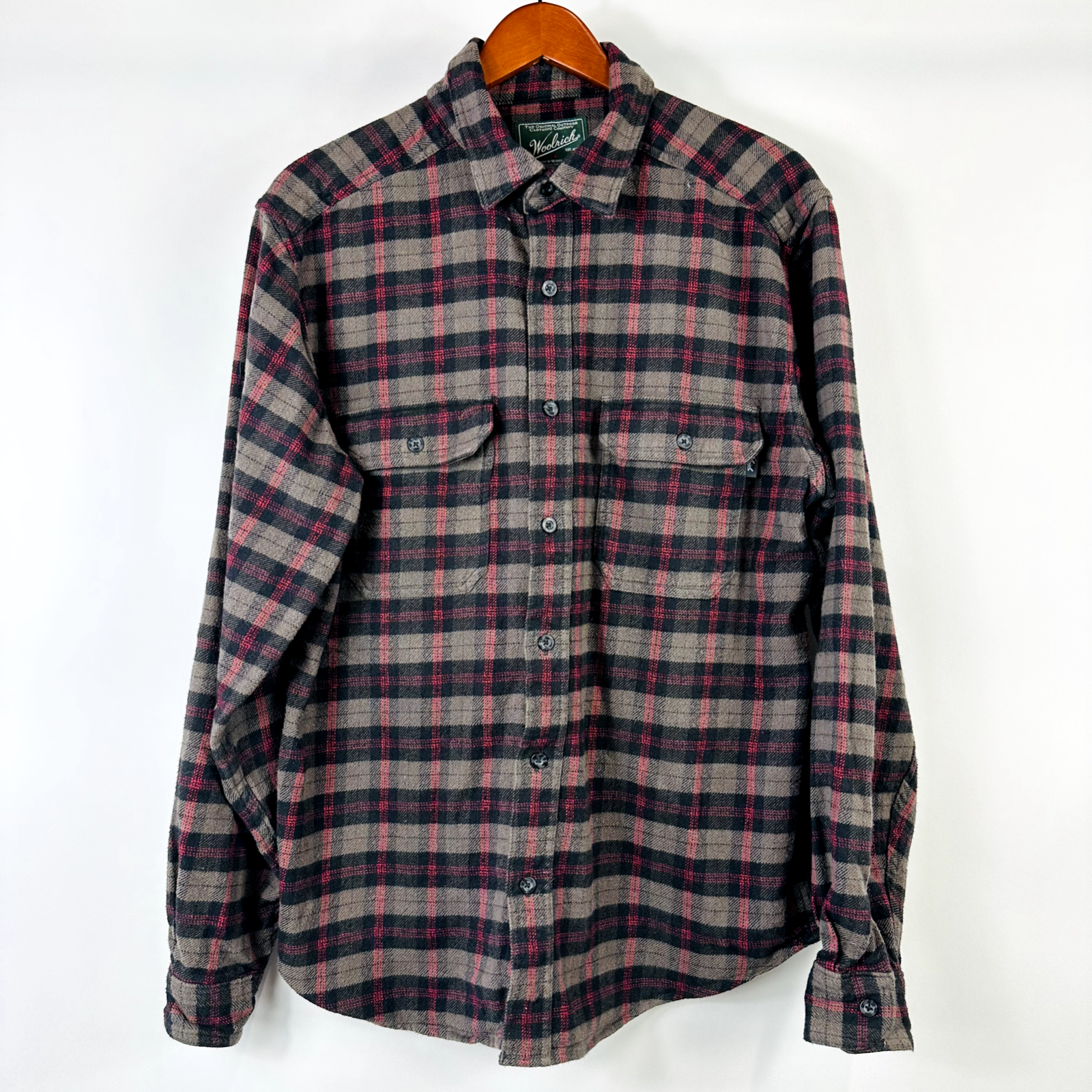 Woolrich Flannel Shirt Men's Large Plaid Red Black Gray Long Sleeve Button Up