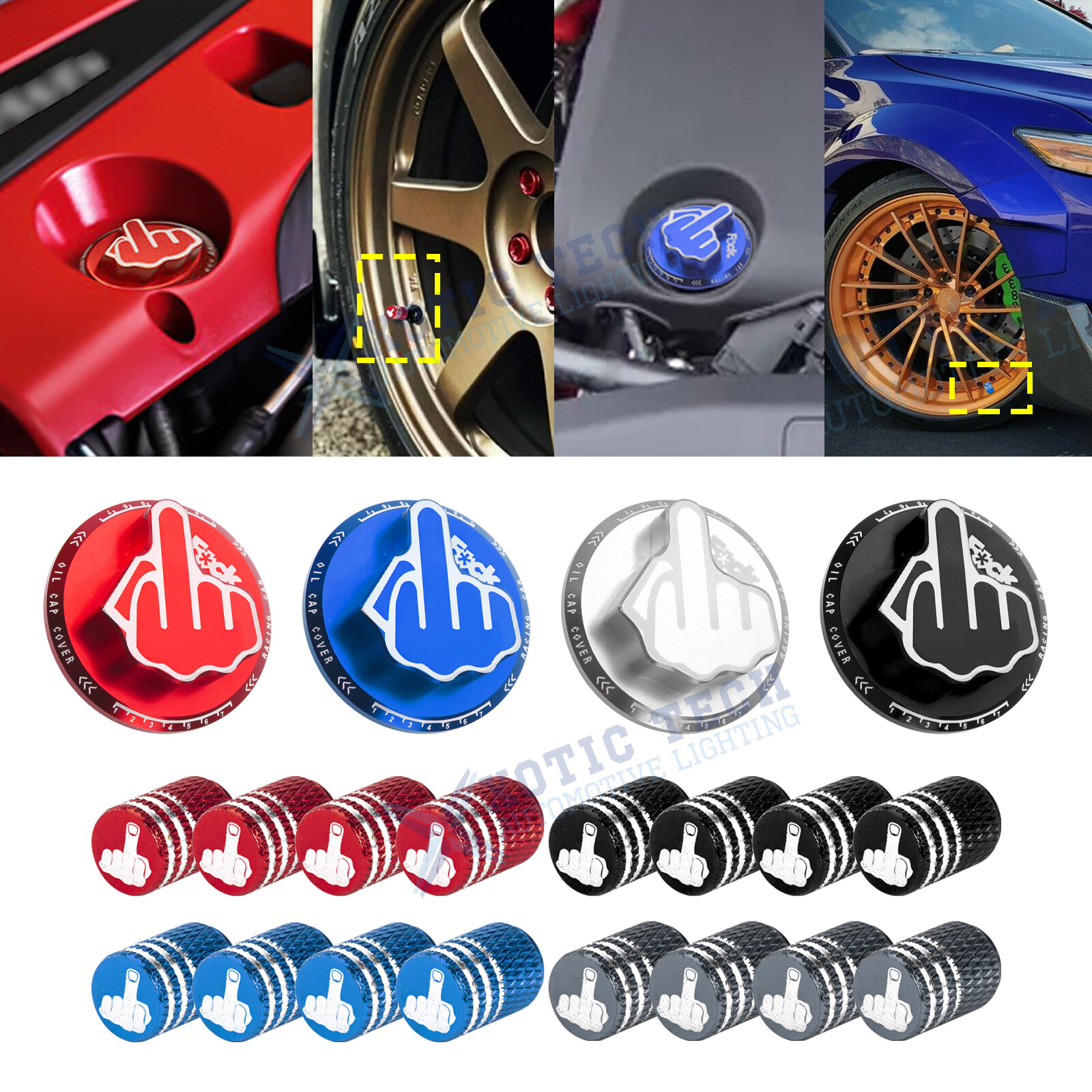 Middle Finger Pattern Tire Valve Stem Caps + Fuel Oil Tank Cap For Honda Acura