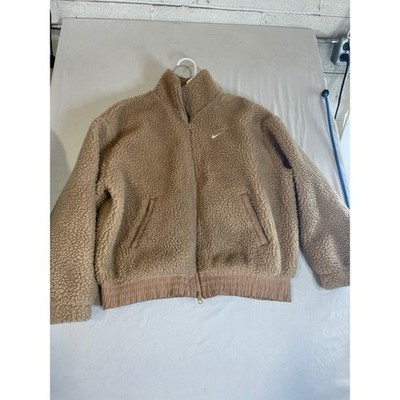 Nike Swoosh Sherpa Fleece Jacket Womens Small Tan Beige Full Zip CU6639-201