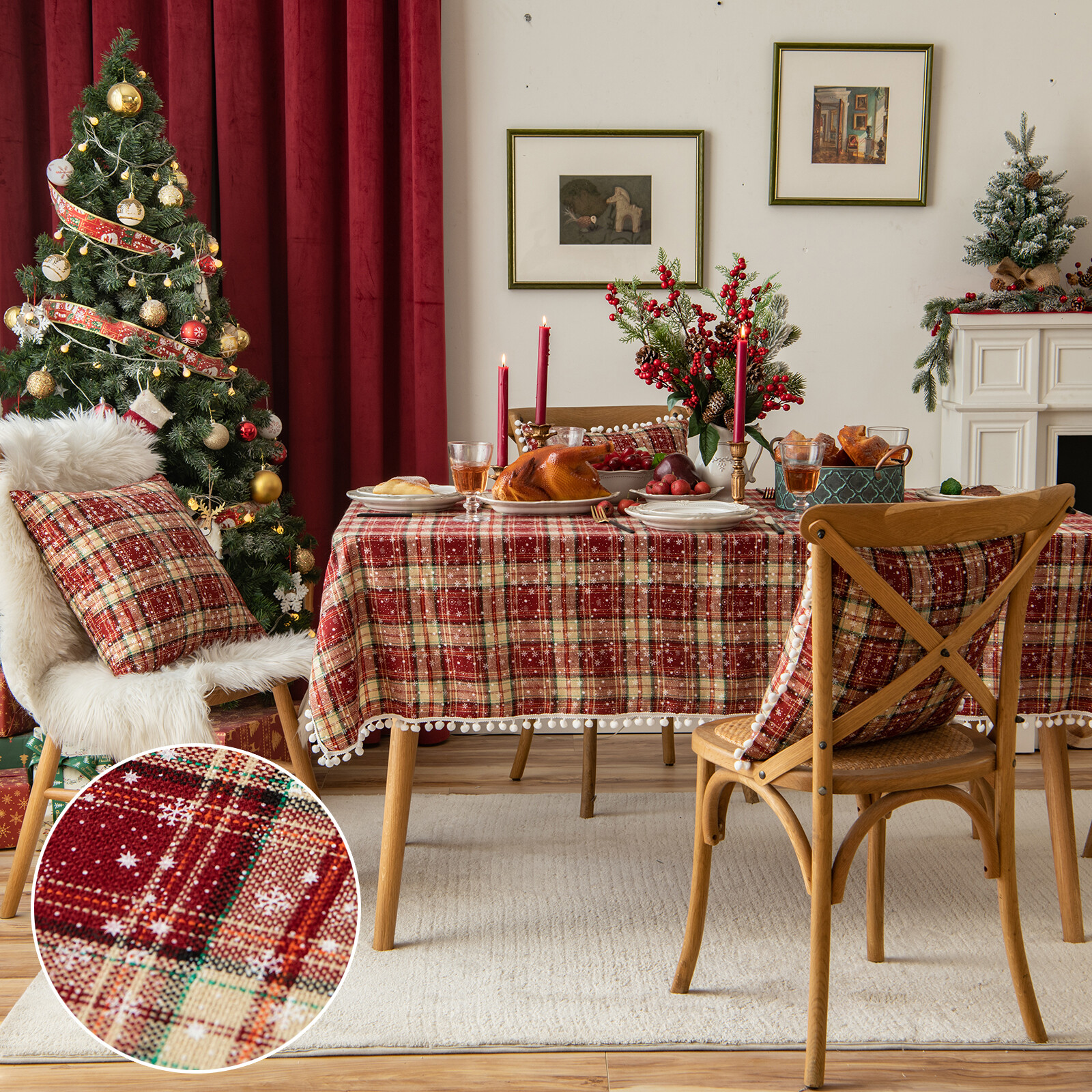 Rectangle Christmas Snowflake Plaid Tablecloth Dining Table Cloth Pillow Cases
