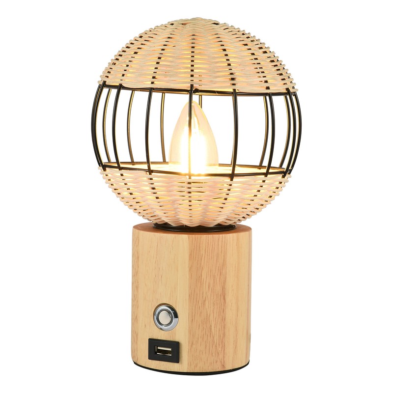 Bedside Table Lamp Light W/ Usb Interface Rubber Wood Bamboo-