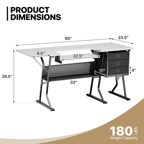 Folding Sewing Machine Table Adjustable Height Art Craft White w/Drawer Storage