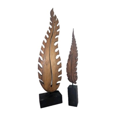 Carved Wooden Sculptures Leaf On Stand Set Of Two Large Medium Dark Wood  L32