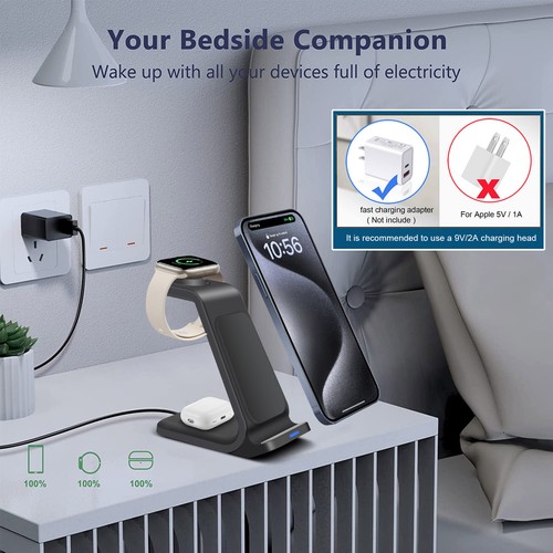 15W 3in1 Wireless Charger Station Charging Dock For iPhone 15 Apple Watch 9 8 7 