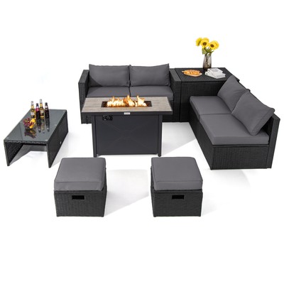 Topbuy 9 Pieces Outdoor PE Rattan Wicker Sectional Sofa with 42'' 60,000 BTU Gas