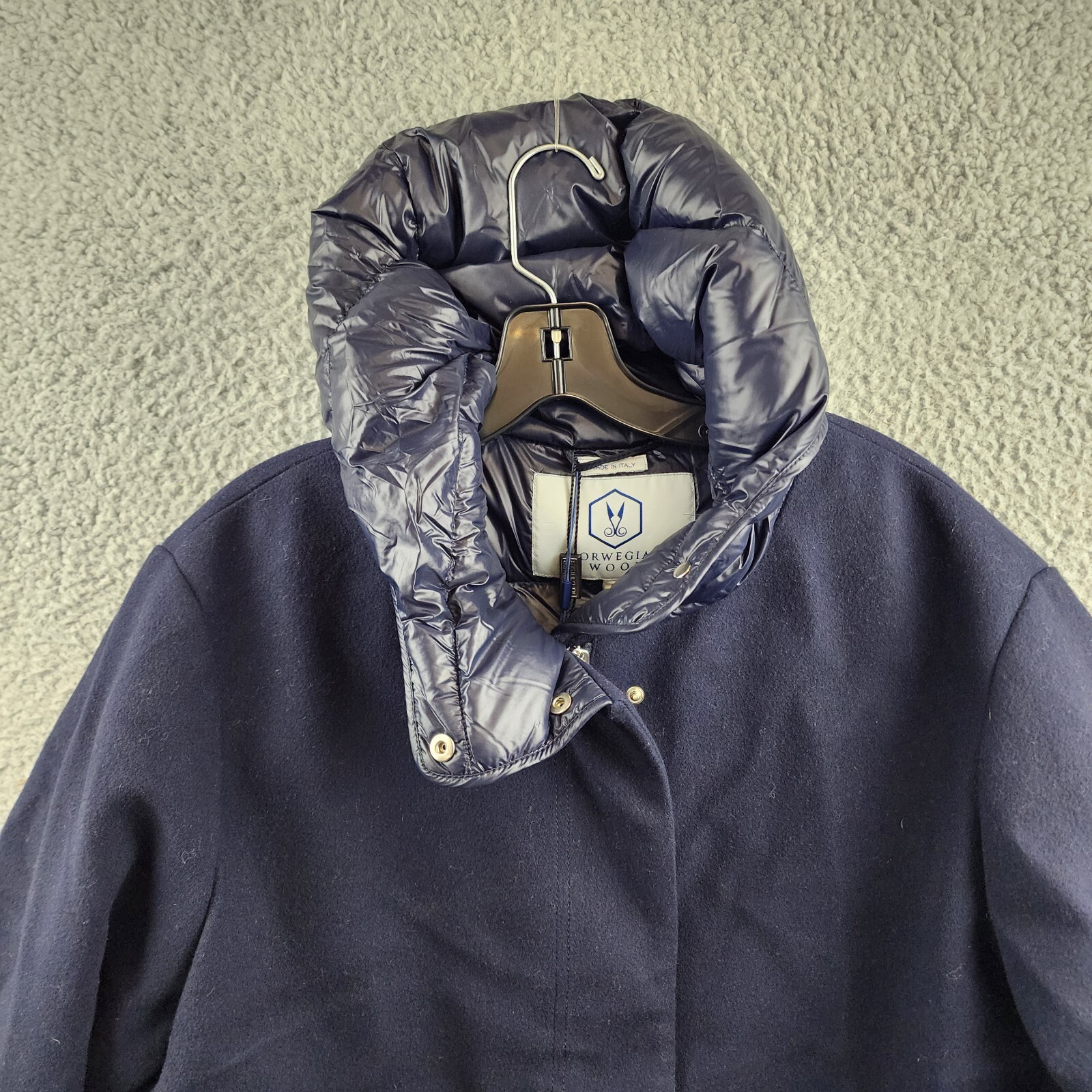 Norwegian Wool Cashmere Wool Blend Down Parka Women's L Navy Snap Front Closure - Picture 3 of 16