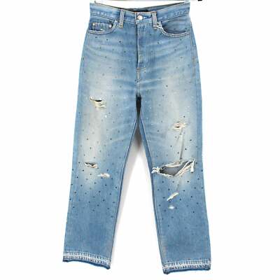 Pre-owned Amiri Gradient Crystal Recon Distressed Indigo Denim Straight Jeans 25 Xs/s In Blue