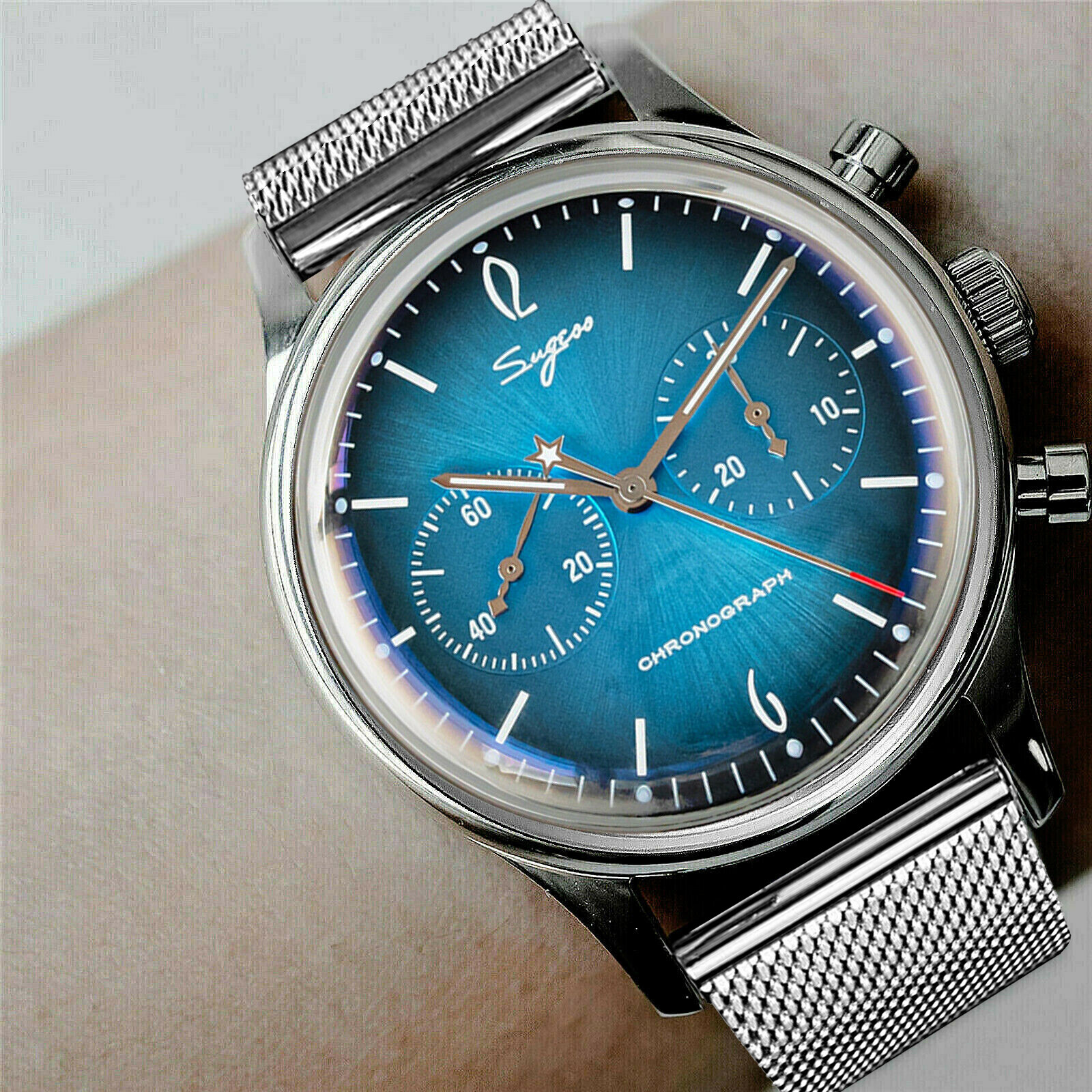 Pre-owned Sugess Gradient Blue Swan Neck Domed Mechanical Watch Seagull 1963 Su1901f023sn