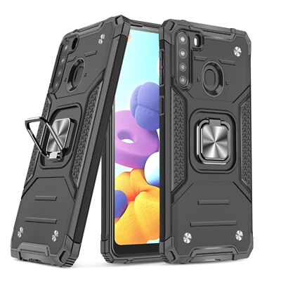 Galaxy A21 Case, Metal Ring Kickstand Cover + Tempered Glass Screen Protector