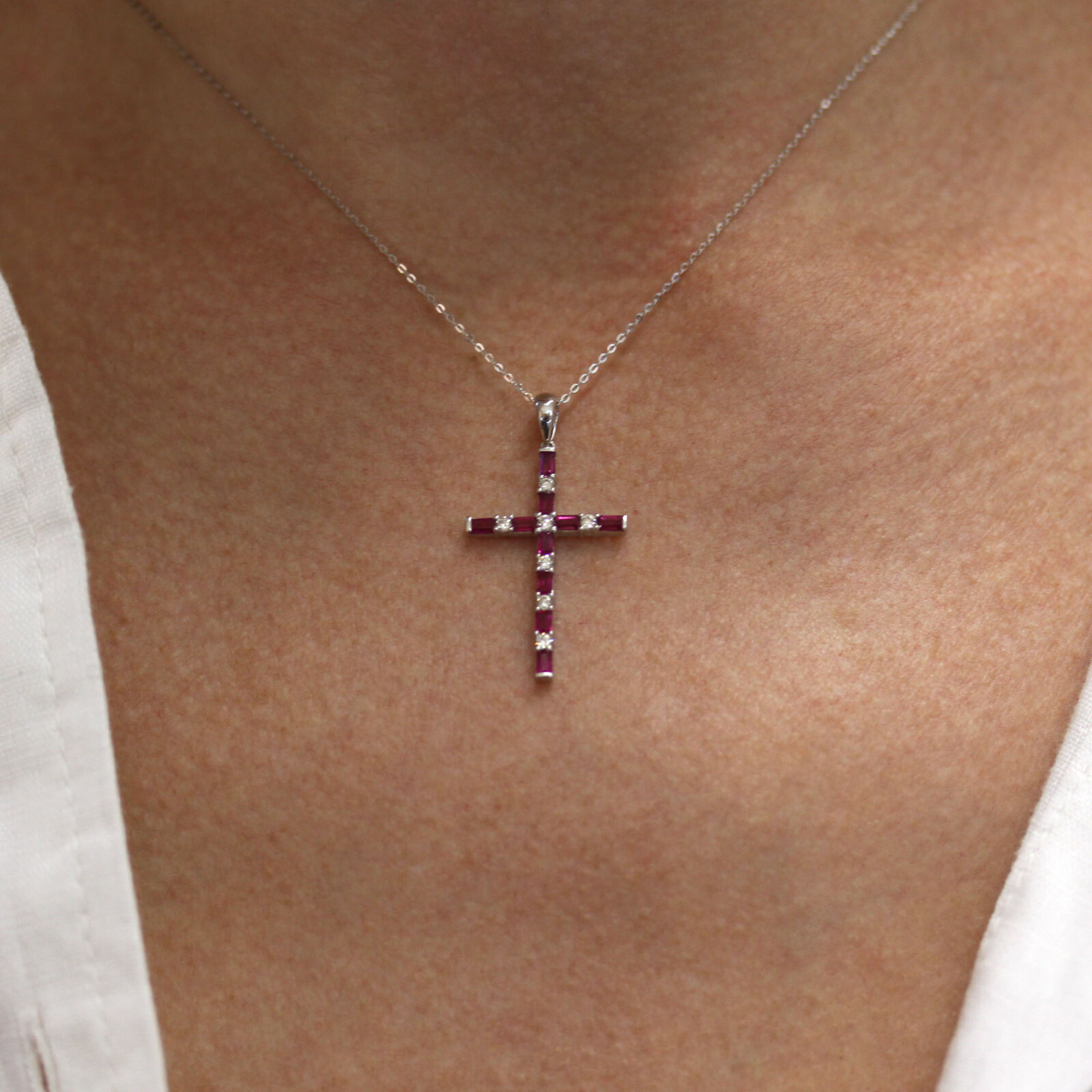 Pre-owned Jewelry By Arsa 1 Ctw Natural Red Baguette Ruby & Diamond Solid 14k White Gold Cross Necklace In 15 Inches