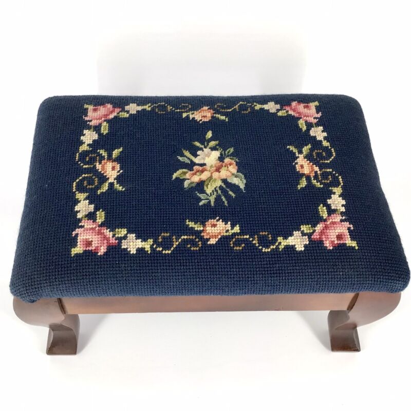 Vintage Needlepoint Footstool Wood Floral Roses Navy Blue