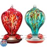 LaElvish Garden 2 Packs Hummingbird Feeder for Outdoors Hanging, 34OZ and 32OZ Hand Blown Glass Hummingbird Feeders for Outside, Red and Teal