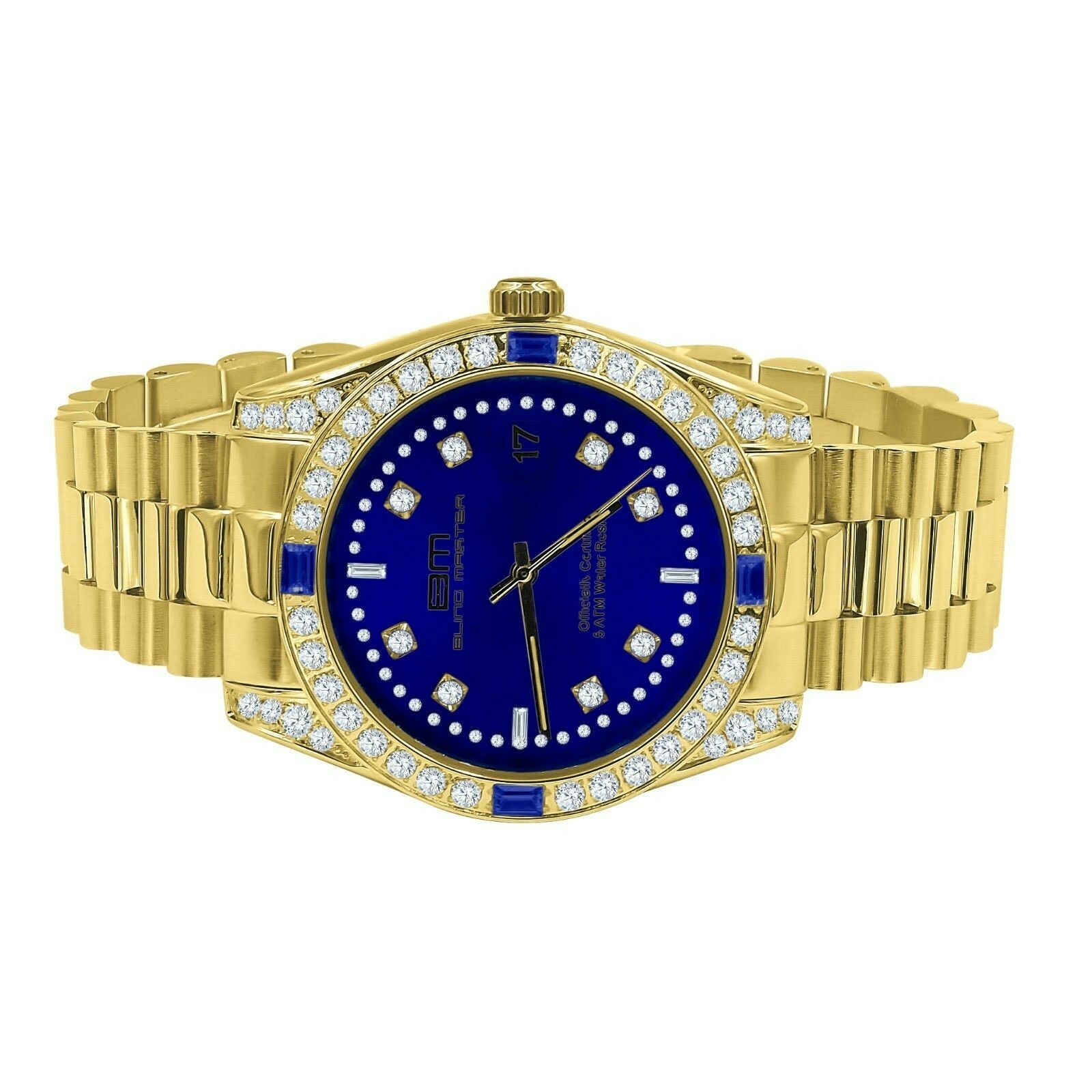 Pre-owned Bling Master 18k Gold Tone Solid Steel Blue Dial Simulated Diamonds Mens President Watch 40mm