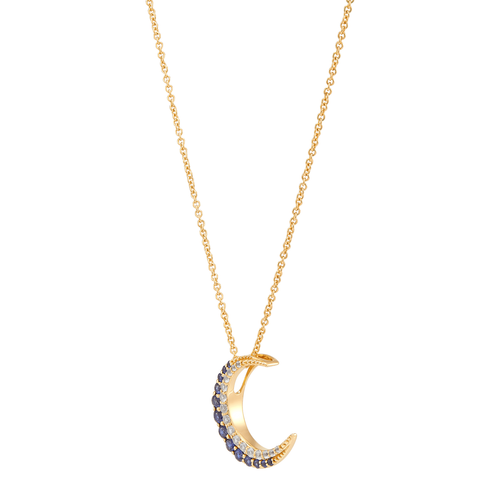 Pre-owned Welry 14k Yellow Gold Moon Pendant Necklace With Lab-created Sapphires, 16" + 1" In Blue