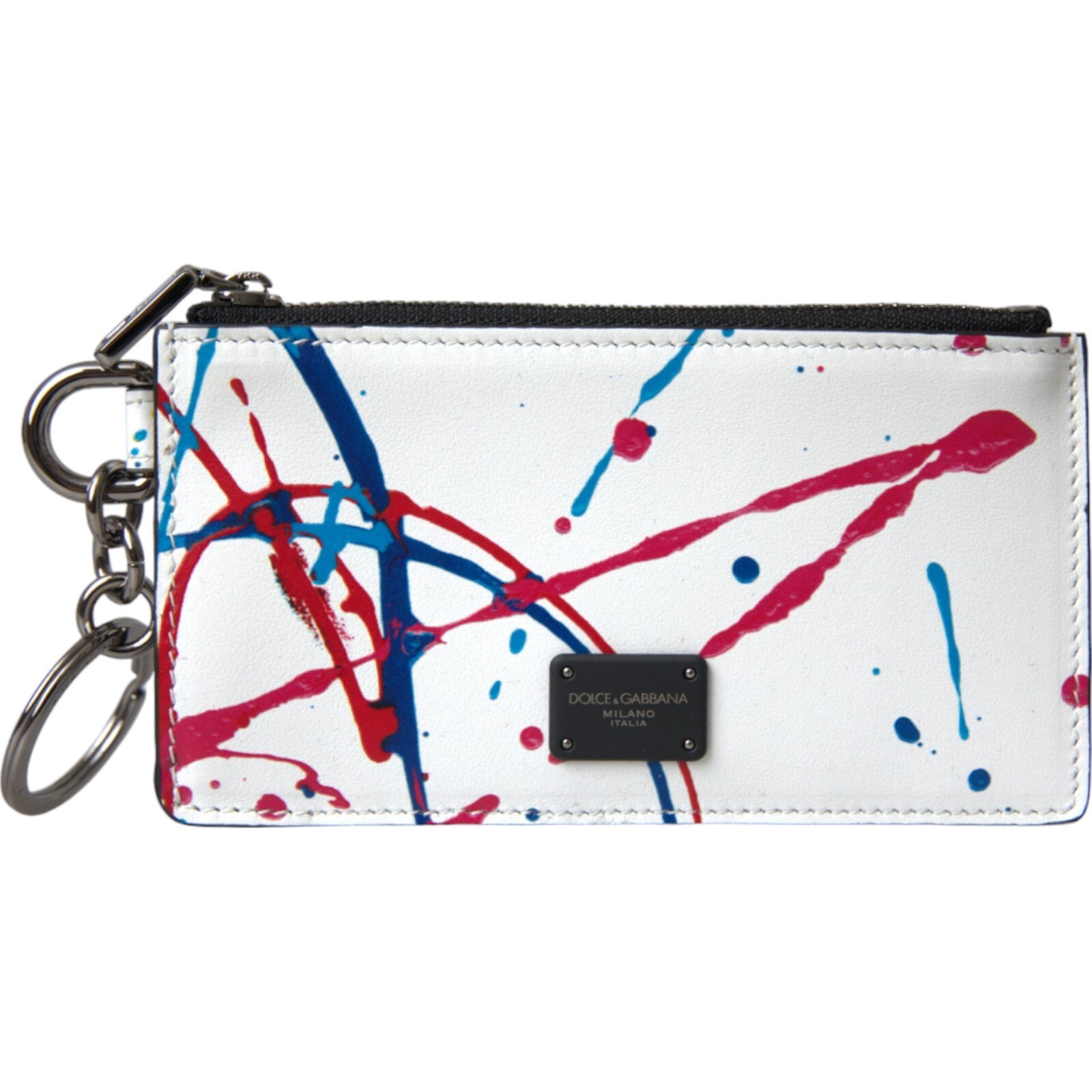 Pre-owned Dolce & Gabbana Wallet White Leather Zip Logo Keyring Cardholder Purse 480usd