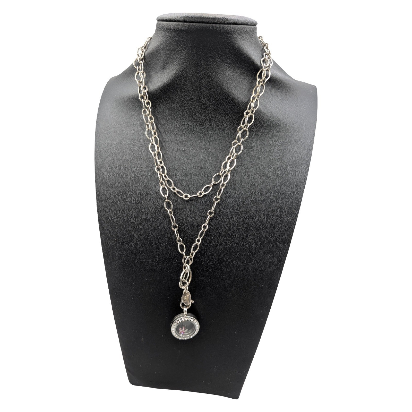 Origami Owl Silver Tone Layered Chain Necklace Floating Locket Pink Crown Charm